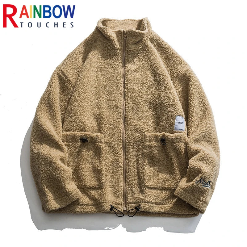 rainbowtouches winter lamb wool cotton clothes couple neutral stand collar high street tide brand embroidered cotton clothes menswear bottoms