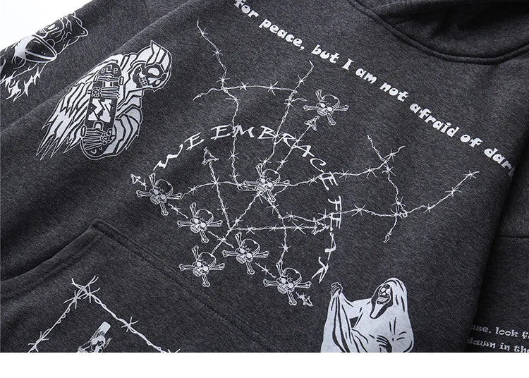 2023 Hip Hop Hoodie Sweatshirt Men Streetwear Skull Graffiti Print Hoodie Pullover Cotton Autumn Grey Harajuku Punk Clothes New Street King Limited