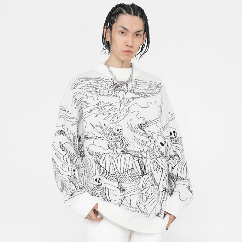 Vintage Knitted Sweater Harajuku Ukiyo-e Style Skull Graffiti Pullover 2021 Autumn Streetwear Sweater Men Women Cotton Knitwear Street King Limited