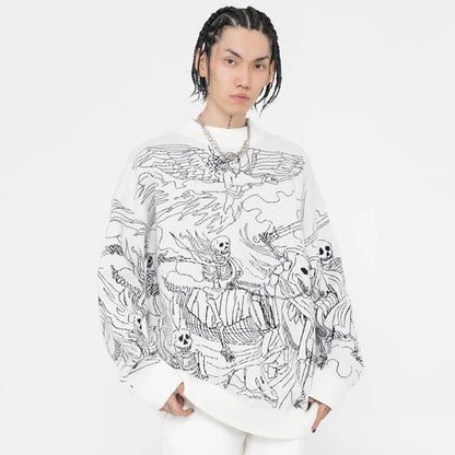 Vintage Knitted Sweater Harajuku Ukiyo-e Style Skull Graffiti Pullover 2021 Autumn Streetwear Sweater Men Women Cotton Knitwear Street King Limited