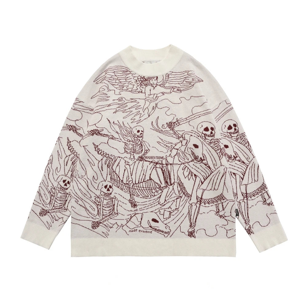 Vintage Knitted Sweater Harajuku Ukiyo-e Style Skull Graffiti Pullover 2021 Autumn Streetwear Sweater Men Women Cotton Knitwear Street King Limited