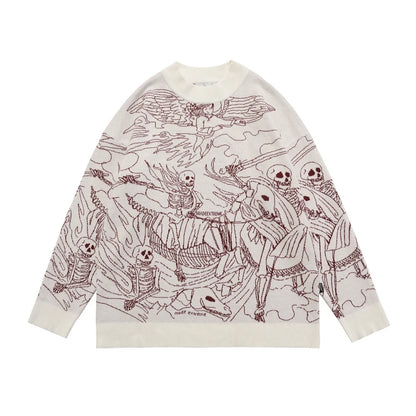 Vintage Knitted Sweater Harajuku Ukiyo-e Style Skull Graffiti Pullover 2021 Autumn Streetwear Sweater Men Women Cotton Knitwear Street King Limited