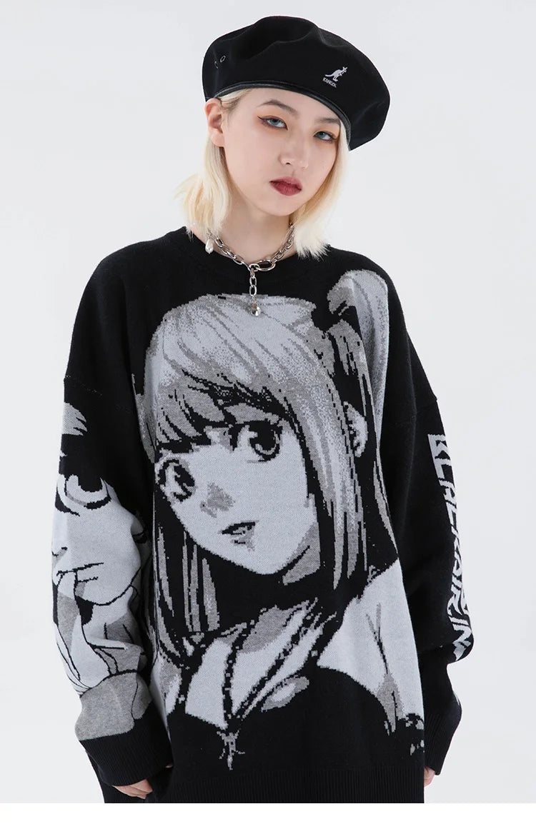 Mens Hip Hop Streetwear Harajuku Sweater Vintage Retro Japanese Style Anime Girl Knitted Sweater 2023 Autumn Cotton Pullover Street King Limited
