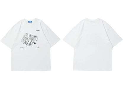 Hip Hop Men Streetwear T Shirt Japanese Kanji Animals Print T-Shirt 2023 Harajuku Cotton Casual Summer Short Sleeve Tshirt White Street King Limited