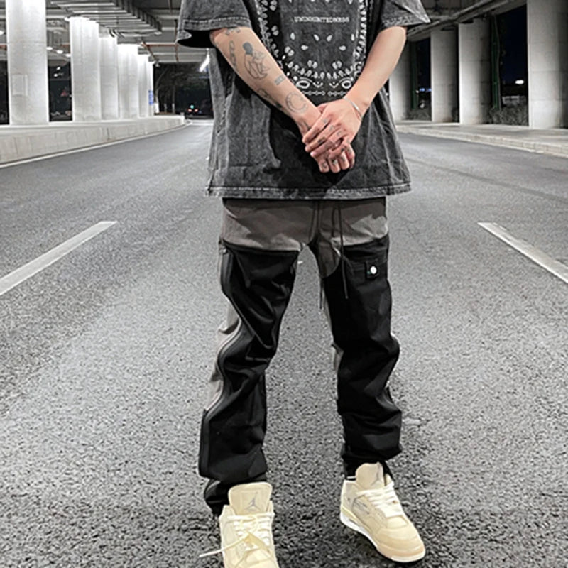 Ankle Zipper Color Block Streetwear Straight Casual Cargo Pants for Men Drawstring Harajuku Oversize Hip Hop Loose Trousers Street King Limited