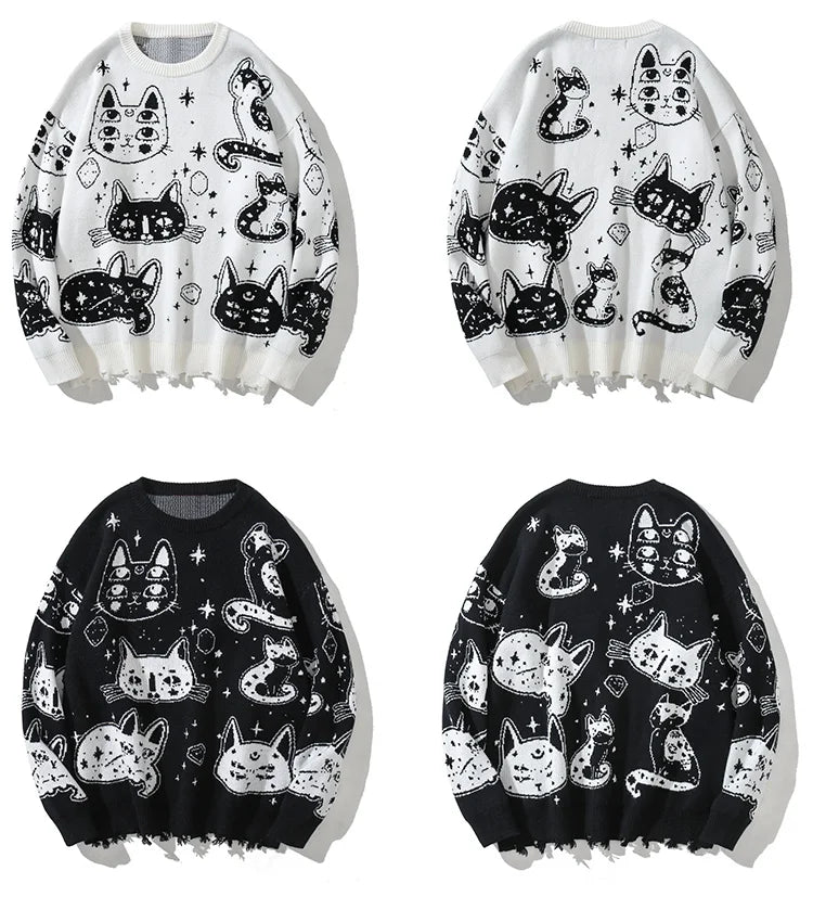 Aolamegs Sweaters Men Japanese Retro Cute Cat O-Neck Jumpers Advanced College Style Fashion Knitted Tops Loose Casual Streetwear Street King Limited