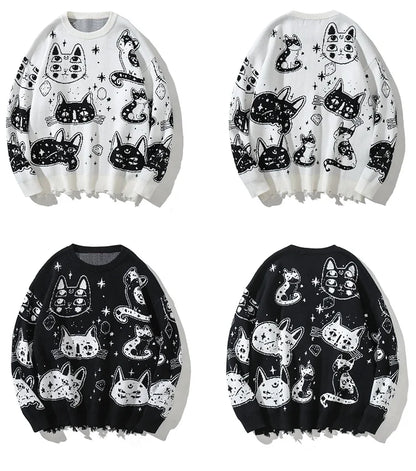 Aolamegs Sweaters Men Japanese Retro Cute Cat O-Neck Jumpers Advanced College Style Fashion Knitted Tops Loose Casual Streetwear Street King Limited