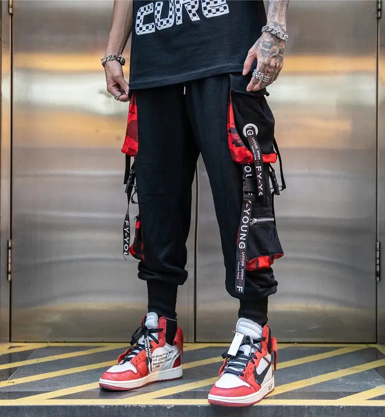 men hip hop black cargo pants joggers sweatpants overalls men ribbons streetwear harem pants women fashions trousers unique joggers style 2508