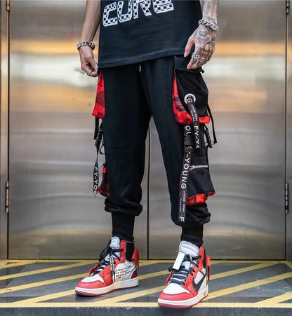 men hip hop black cargo pants joggers sweatpants overalls men ribbons streetwear harem pants women fashions trousers unique joggers style 2508