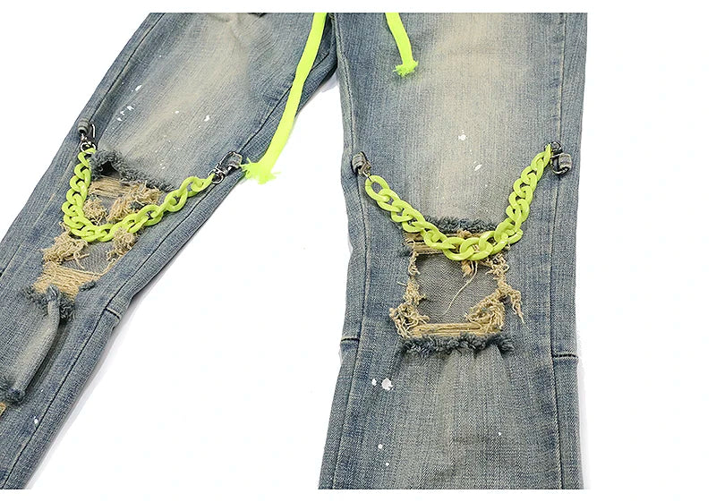 high street knee hole with chain ripped biker jeans mens slim fit denim pants autumn new streetwear casual hip hop pants joggers unique joggers style 3261