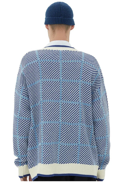 Men Hip Hop Knitted Sweater Streetwear Embroidery Heart Plaid Pullover 2023 Autumn Harajuku Cotton Casual Pullover Sweater Blue Street King Limited