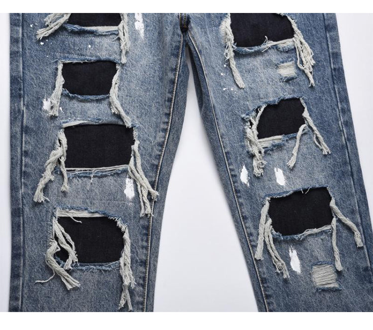 men ripped holes denim jean pants hip hip new fashion straight patchwork pants new casual jeans streetwear mens trousers joggers unique joggers style 398