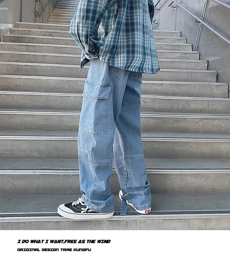 men jeans wide leg denim pants loose straight baggy mens jeans hip hop streetwear skateboard neutral denim trousers cargo jeans unique cargo style 2470