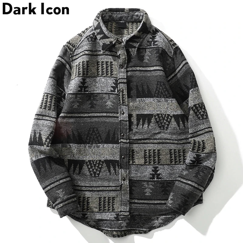 Dark Icon Geometric Stripe Shirts Men Women Long Sleeve Harajuku Woolen Shirts Men Clothing Street King Limited
