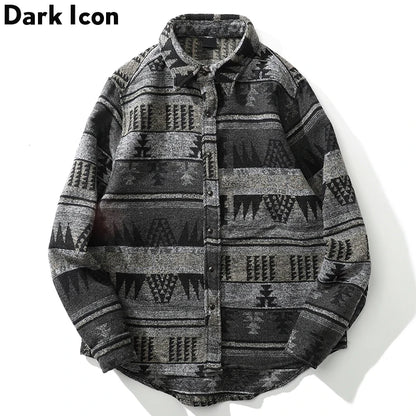 Dark Icon Geometric Stripe Shirts Men Women Long Sleeve Harajuku Woolen Shirts Men Clothing Street King Limited