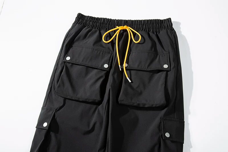 high street multi pocket casual trousers for men and women side breasted drawstring cargo pants harajuku solid loose pants unique cargo style 3123