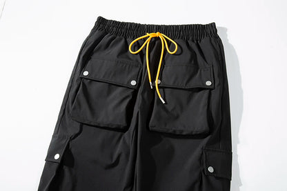 high street multi pocket casual trousers for men and women side breasted drawstring cargo pants harajuku solid loose pants unique cargo style 3123