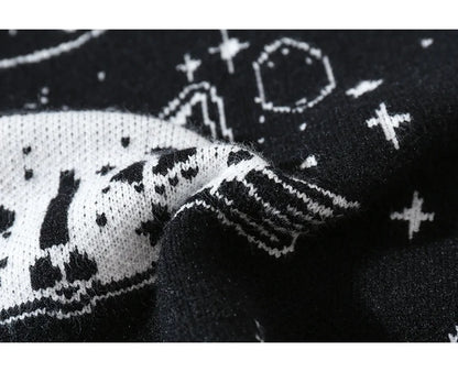 Aolamegs Sweaters Men Japanese Retro Cute Cat O-Neck Jumpers Advanced College Style Fashion Knitted Tops Loose Casual Streetwear Street King Limited