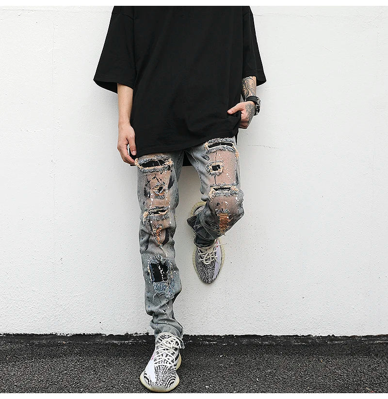 bottom zipper destroyed jeans skinny jeans ripped slim men biker jeans fashion graffiti printed streetwear hip hop pants joggers unique joggers style 5124