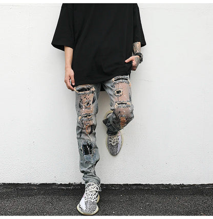bottom zipper destroyed jeans skinny jeans ripped slim men biker jeans fashion graffiti printed streetwear hip hop pants joggers unique joggers style 5124