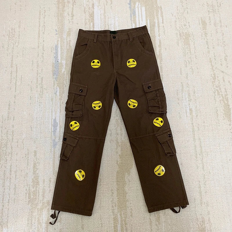 mens high street smilely loose cargo pants casual zipper straight jeans hip hop side pockets loose fit streetwear casual joggers unique joggers style 2486