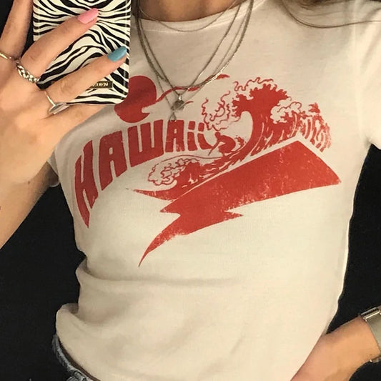 Y2K baby Summer Skinny Women Graphic T Shirts Navel Trend Print Stretchy Short Sleeve Kawaii Crop Top Streetwear Tees Aesthetic Street King Limited