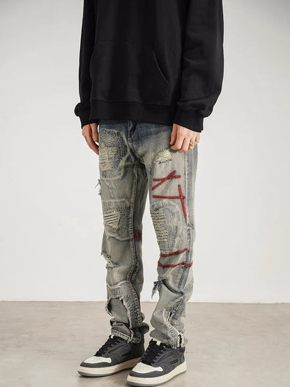 destroyed ripped straight jeans pants mens distressed biker jeans fashion irregular embroidery streetwear hip hop pants joggers streetwear sweatpants