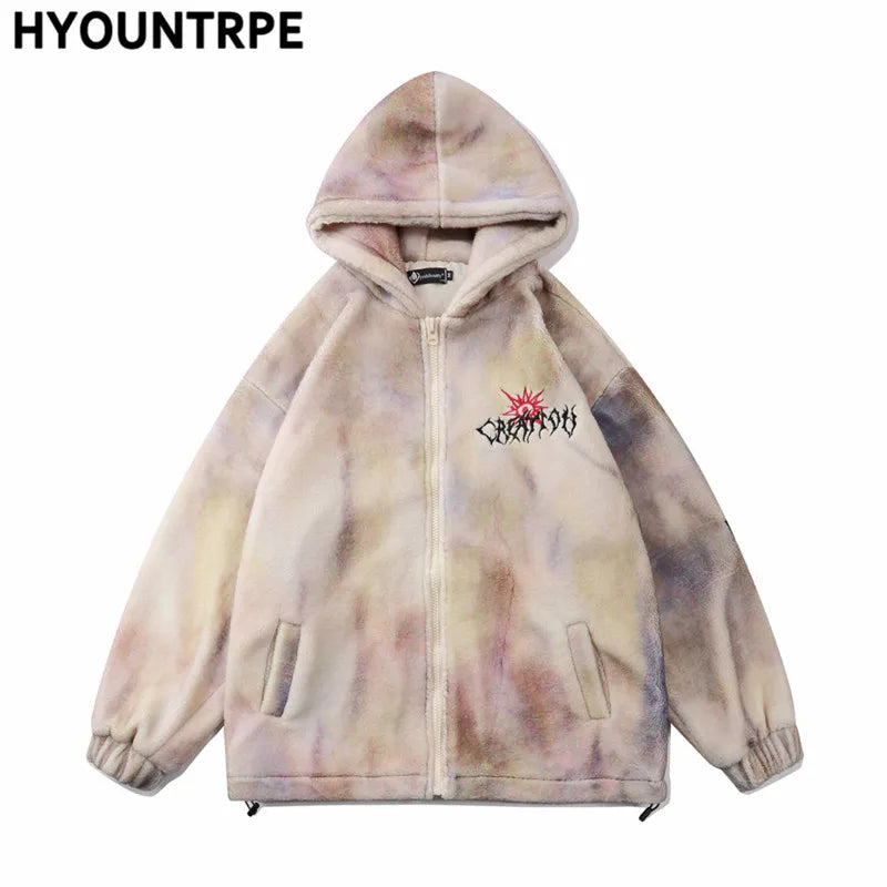 mens hip hop cats harajuku printed fleece jackets coats hairy zipper oversize hoodies outerwears warm thick streetwear parkas relaxed fit trousers