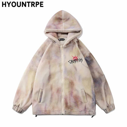 mens hip hop cats harajuku printed fleece jackets coats hairy zipper oversize hoodies outerwears warm thick streetwear parkas relaxed fit trousers