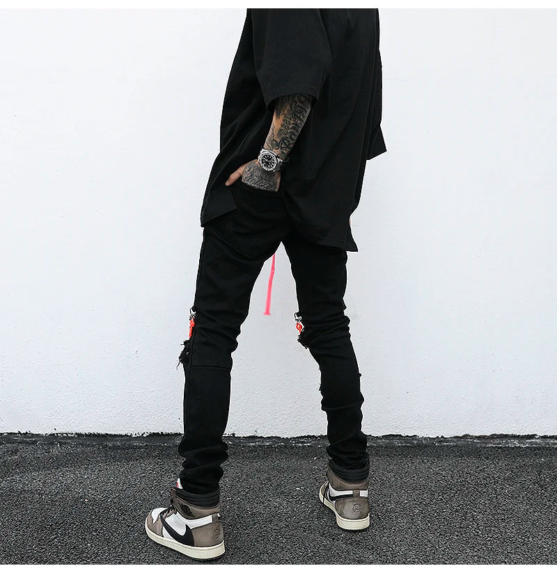 high street knee hole with chain ripped biker jeans mens slim fit denim pants autumn new streetwear casual hip hop pants joggers unique joggers style 3251