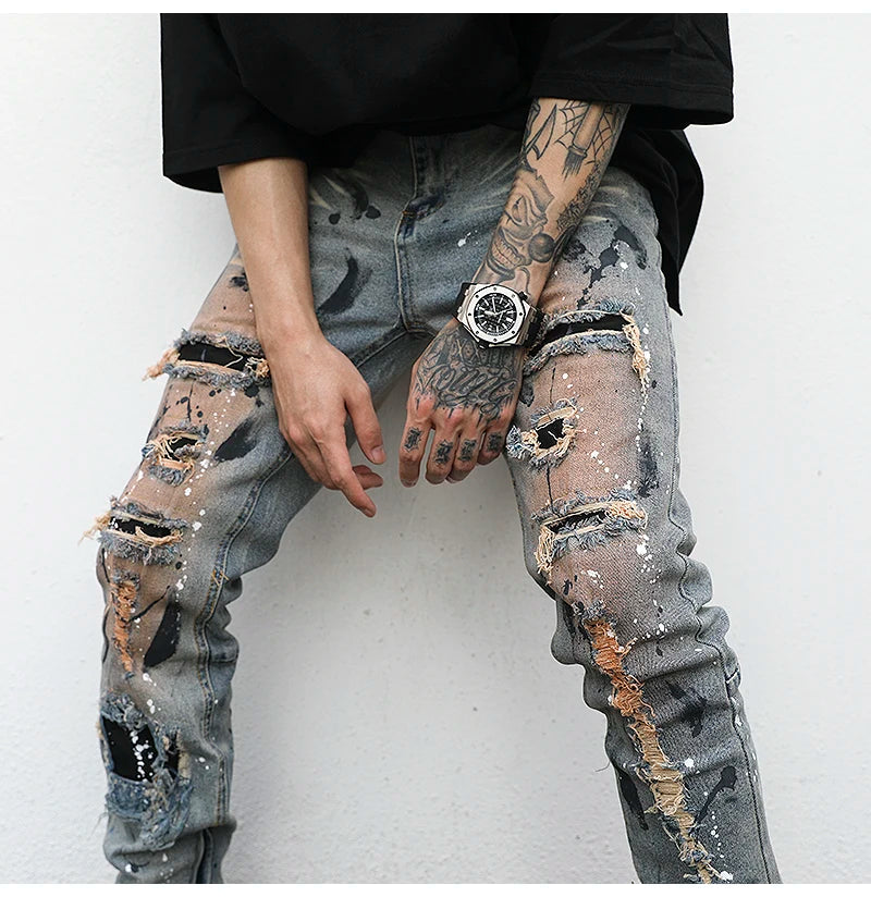 bottom zipper destroyed jeans skinny jeans ripped slim men biker jeans fashion graffiti printed streetwear hip hop pants joggers unique joggers style 5123