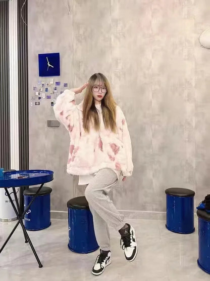 Tie-dyed lamb wool oversized sweater women's fried street high-end sense of warmth couples cotton coat loose lamb plush jacket Street King Limited