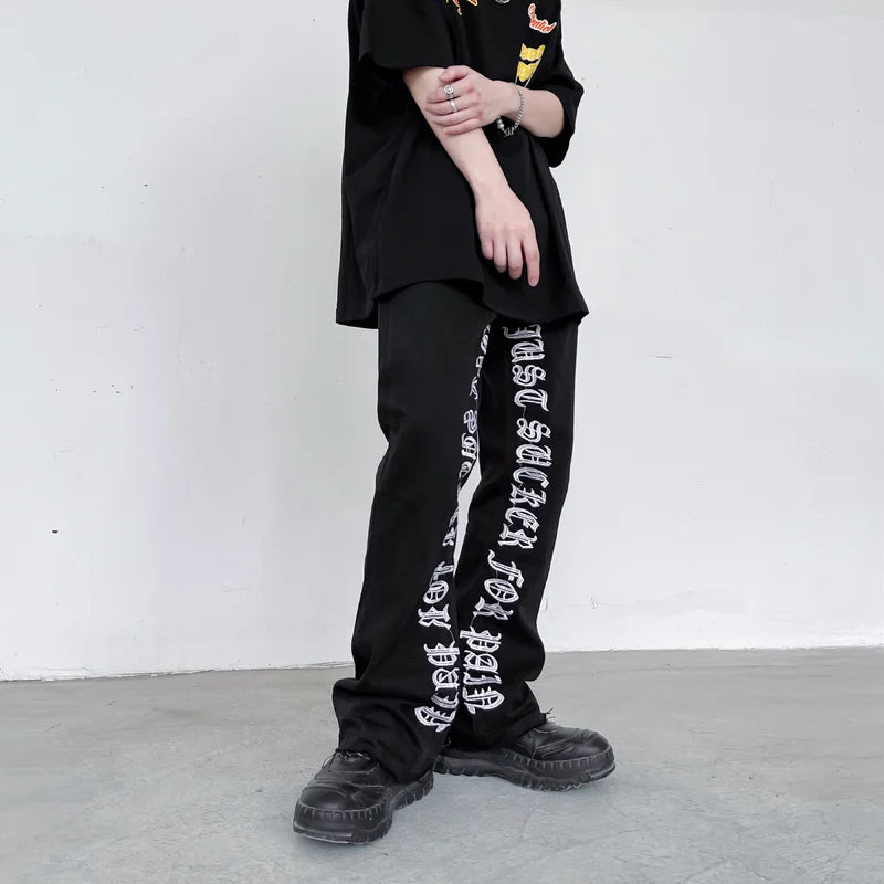 fashion letters embroidery denim flare jeans mens high street elastic waist straight trouser hip hop streetwear pants joggers streetwear sweatpants