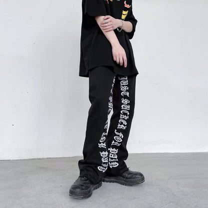 fashion letters embroidery denim flare jeans mens high street elastic waist straight trouser hip hop streetwear pants joggers streetwear sweatpants