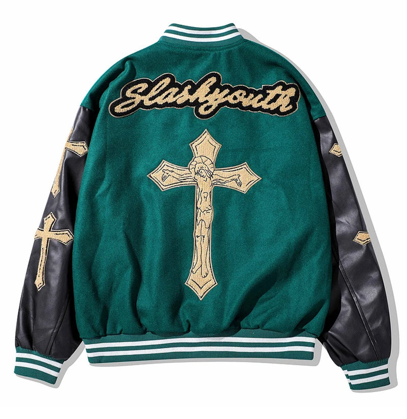 rainbowtouches men trendy hiphop embroidered baseball uniform single breasted side pocket high street stitched pu leather jacket unique default style 5133