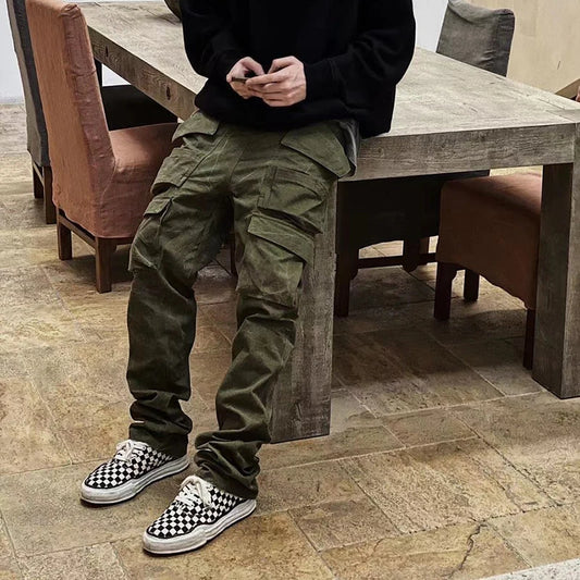 Harajuku Multi-pockets Straight Flare Pants Mens High Street Elastic Waist Solid Loose Casual Cargo Pants Hip Hop Baggy Trousers Street King Limited