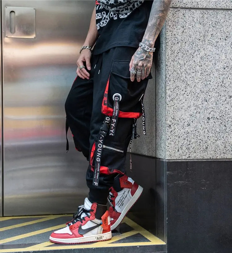 men hip hop black cargo pants joggers sweatpants overalls men ribbons streetwear harem pants women fashions trousers unique joggers style 2505