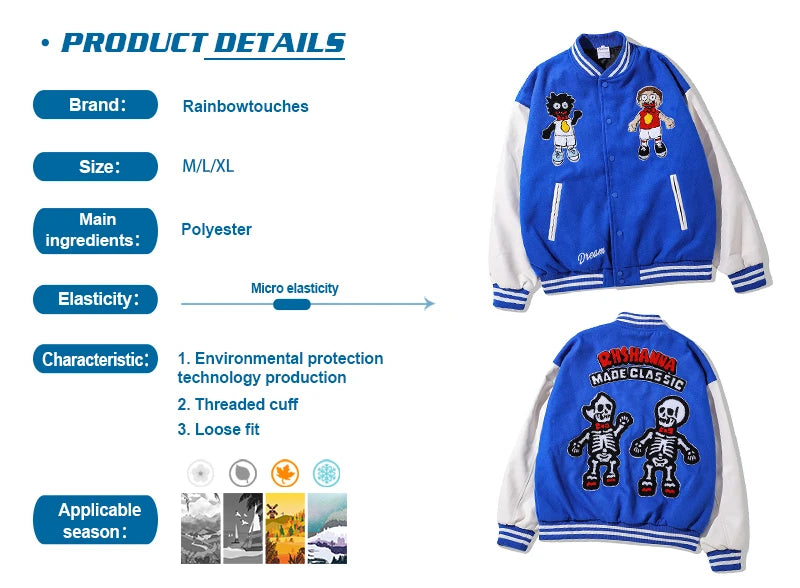 rainbowtouches men trendy hiphop embroidered baseball uniform single breasted side pocket high street stitched pu leather jacket unique default style 5122