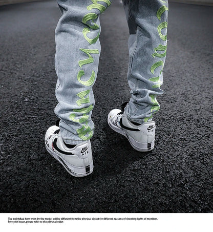 men back letter embroidery denim jean pants fashion slim zipper biker jeans trouser new casual hip hop streetwear pants joggers unique joggers style 292