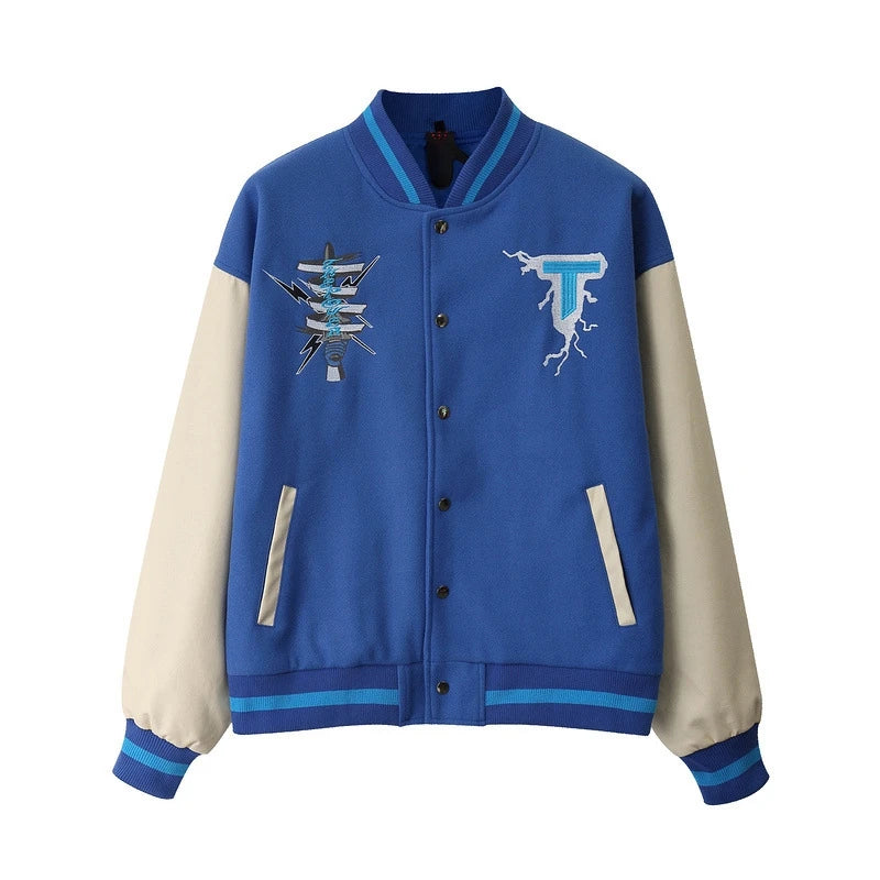 rainbowtouches men trendy hiphop embroidered baseball uniform single breasted side pocket high street stitched pu leather jacket unique default style 5119