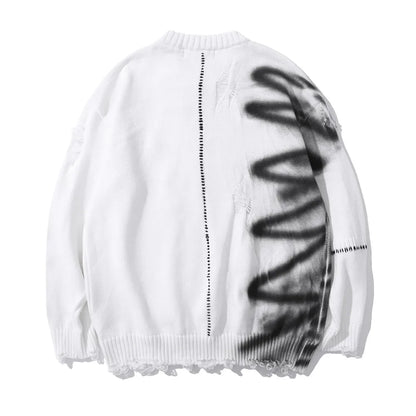 Mens Hip Hop Destroy Ripped Holes Streetwear Graffiti Harajuku Sweater Vintage Retro Knitted Sweater New Casual Cotton Pullover Street King Limited