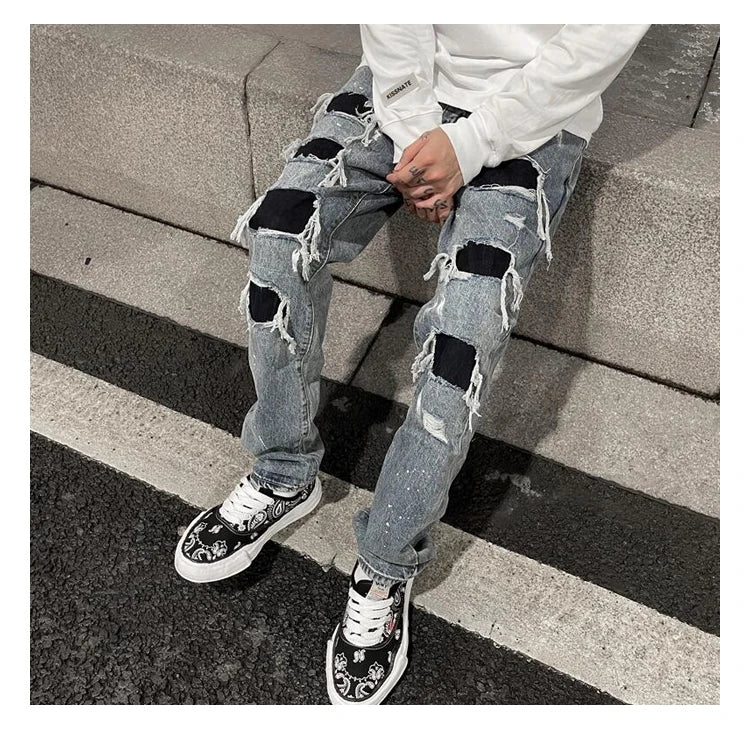 men ripped holes denim jean pants hip hip new fashion straight patchwork pants new casual jeans streetwear mens trousers joggers unique joggers style 394