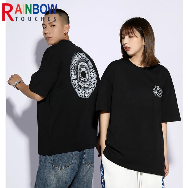Rainbowtouhes 2022 New Half Sleeve Cotton Unisex Trendy T-shirt Men High Street Fashion Hip Hop Style Circle Pattern T Shirts Street King Limited