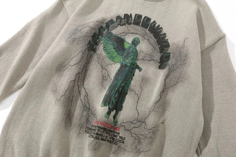 GONTHWID Knitted Sweaters Hip Hop Lightning 3D Angel Statue Print Pullover Sweater Streetwear Hip Hop Fashion Casual Loose Tops Street King Limited