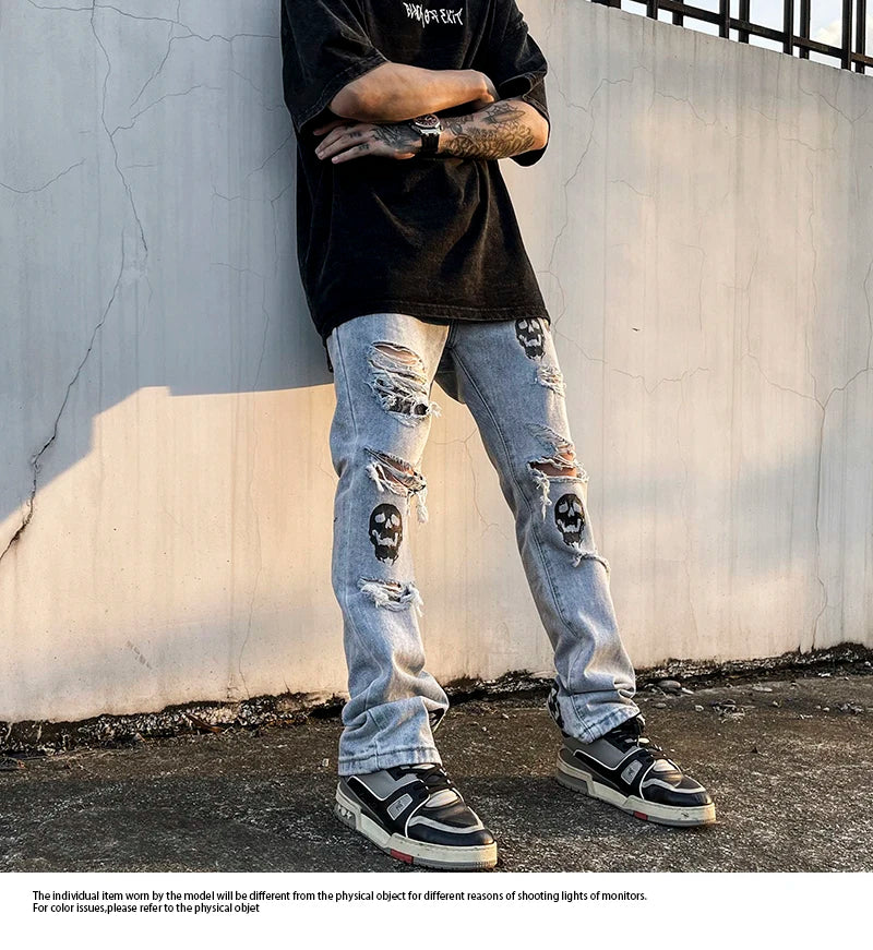 fashion skull printed denim jeans mens destoryed holes zipper flare jeans hip hop streetwear summer casual joggers jeans pants unique joggers style 2768
