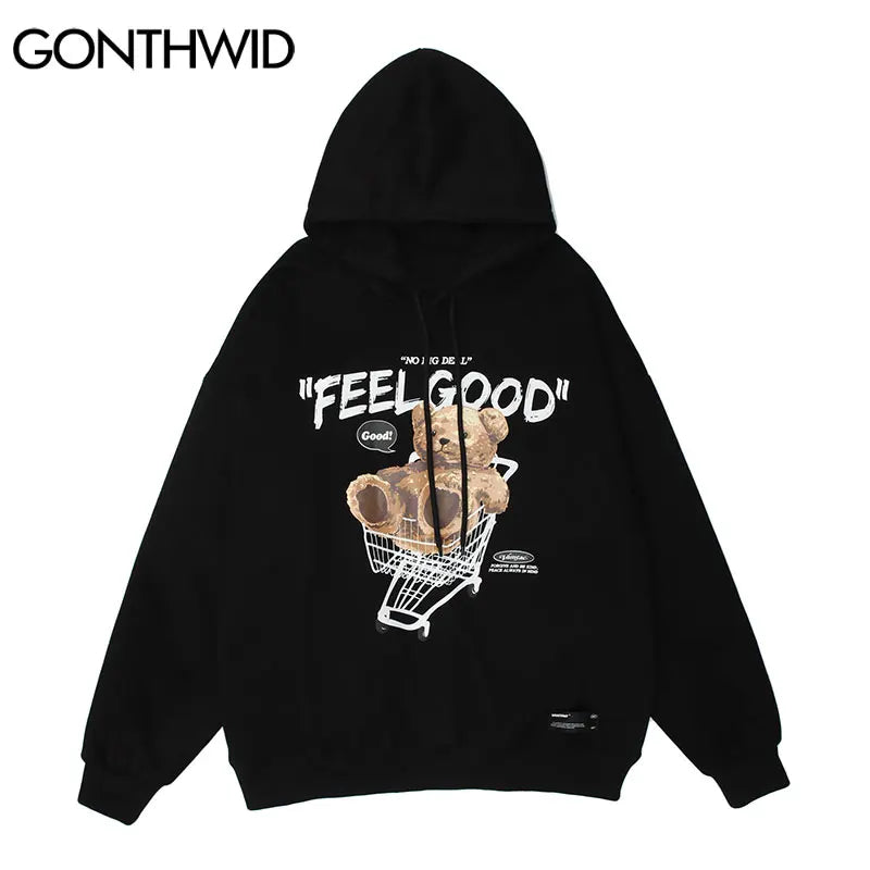 GONTHWID Men Hip Hop Hoodie Sweatshirt Streetwear Funny Bear Print Hooded Harajuku Winter Cotton Fleece Pullover Khaki Black Street King Limited