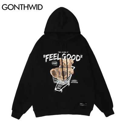 GONTHWID Men Hip Hop Hoodie Sweatshirt Streetwear Funny Bear Print Hooded Harajuku Winter Cotton Fleece Pullover Khaki Black Street King Limited