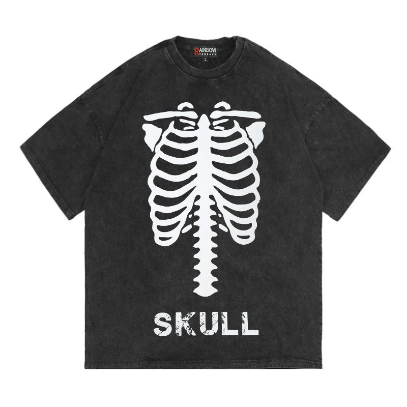 Rainbowtouhes 2022 New High Street Fashion Hip Hop Trend Short Sleeve Skeleton Graphic T-shirt Oversized Retro Wash Casual Top Street King Limited
