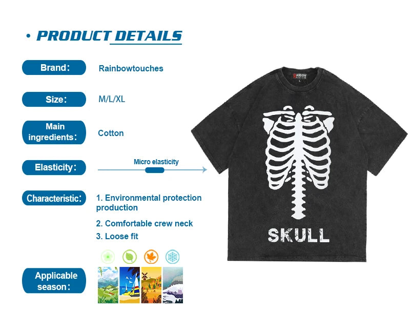 Rainbowtouhes 2022 New High Street Fashion Hip Hop Trend Short Sleeve Skeleton Graphic T-shirt Oversized Retro Wash Casual Top Street King Limited