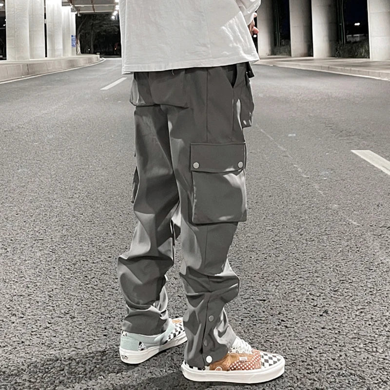 high street multi pocket casual trousers for men and women side breasted drawstring cargo pants harajuku solid loose pants baggy cargo bottoms
